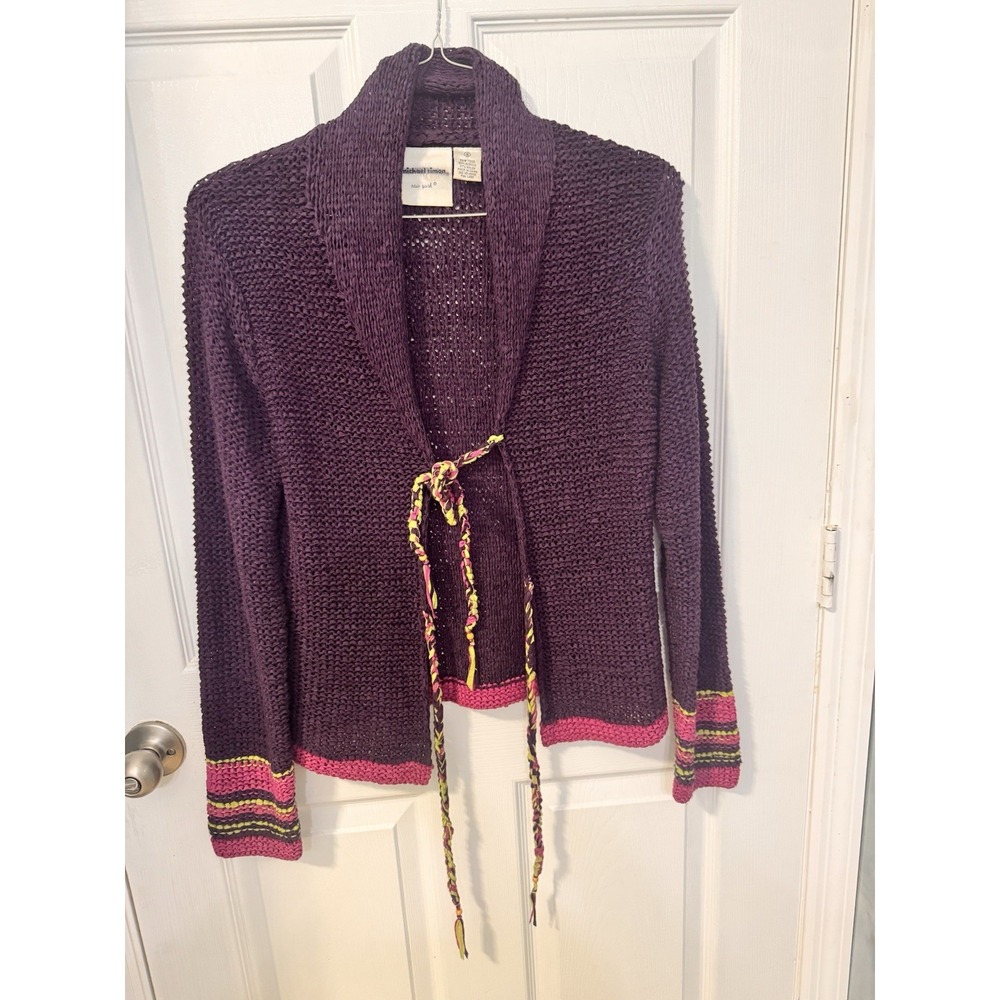 Vintage Michael Simon New York Women's Purple Open Knit Tie Front Cardigan S